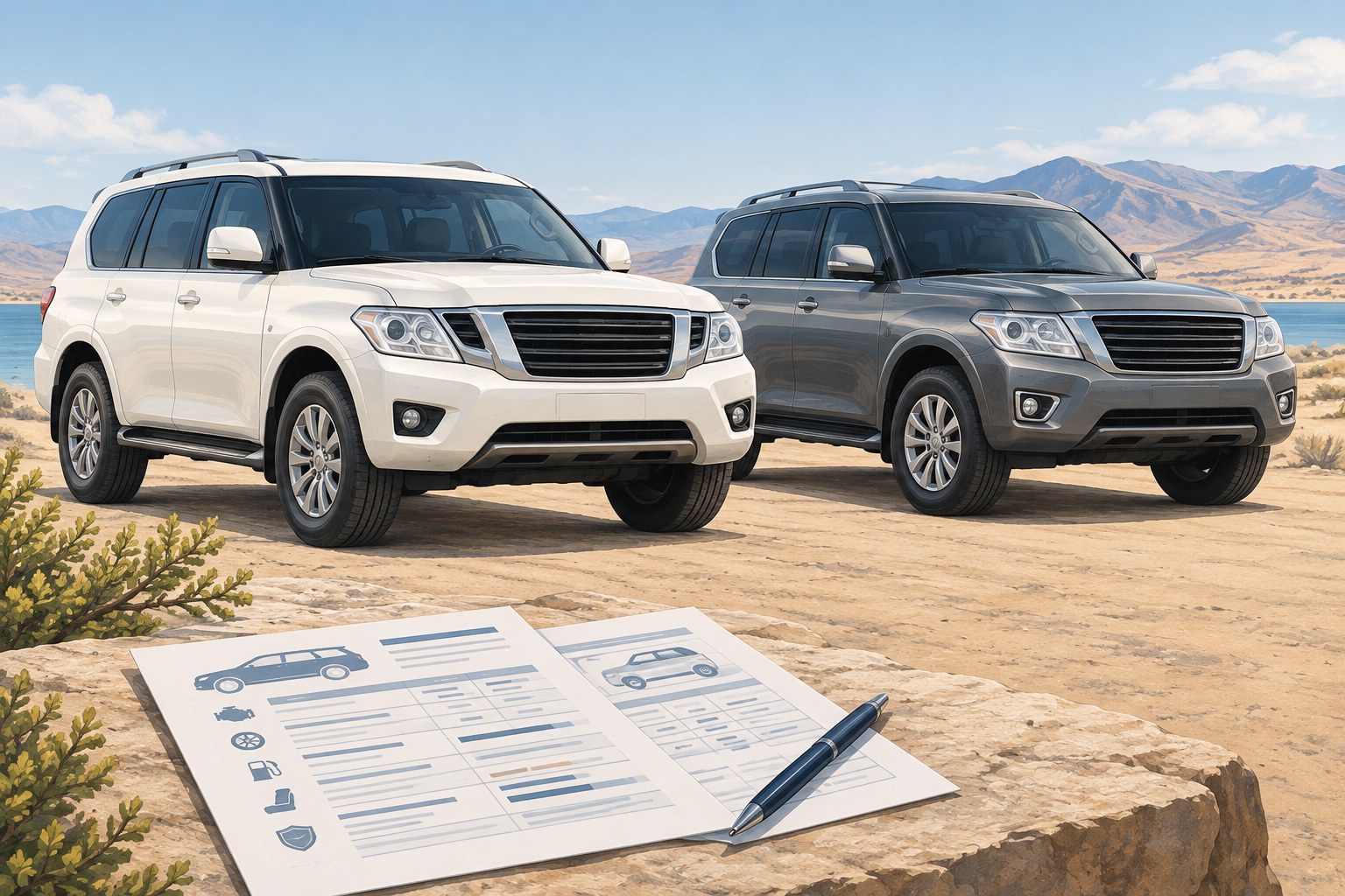 Editorial illustration of two large SUVs beside vehicle specification documents.