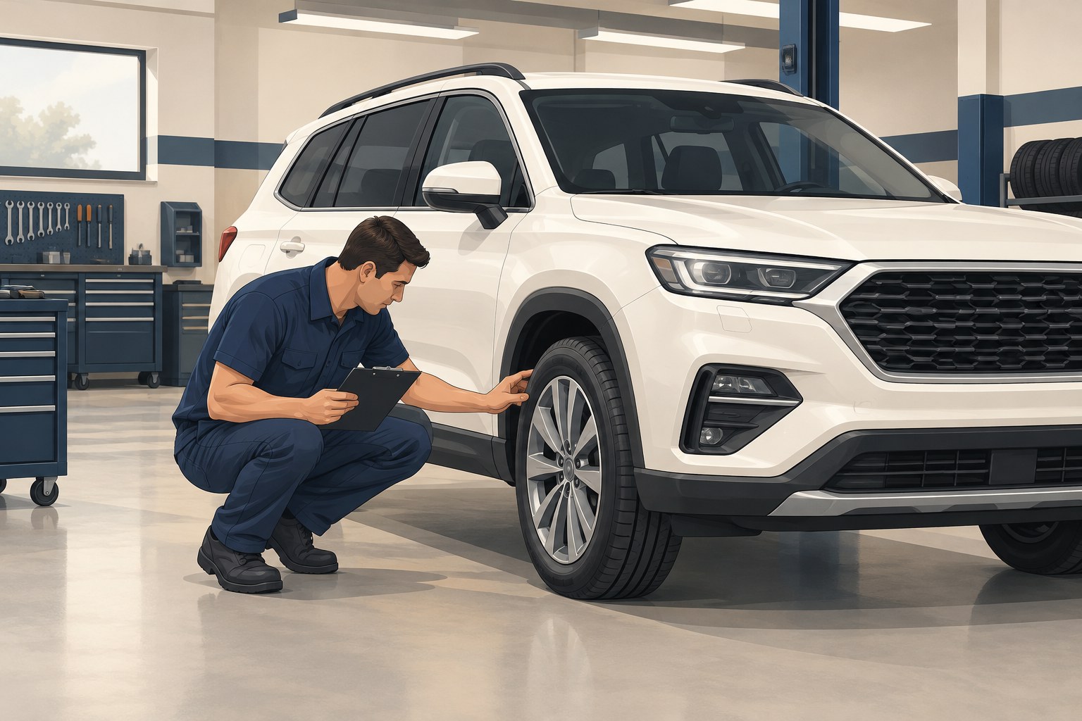 Illustration of a technician inspecting a large SUV in a clean workshop.