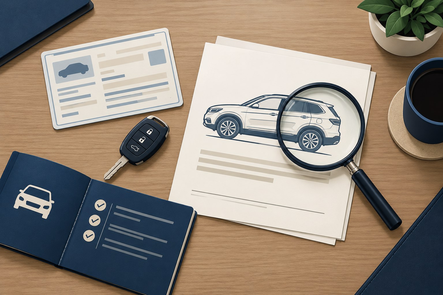 Illustration of vehicle documents, a magnifying glass and car keys on a desk.